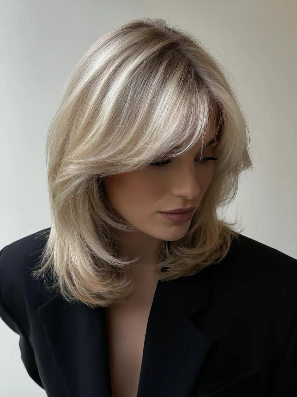Shoulder-Length Feathered Layers with Icy Blonde Curtain Bangs
